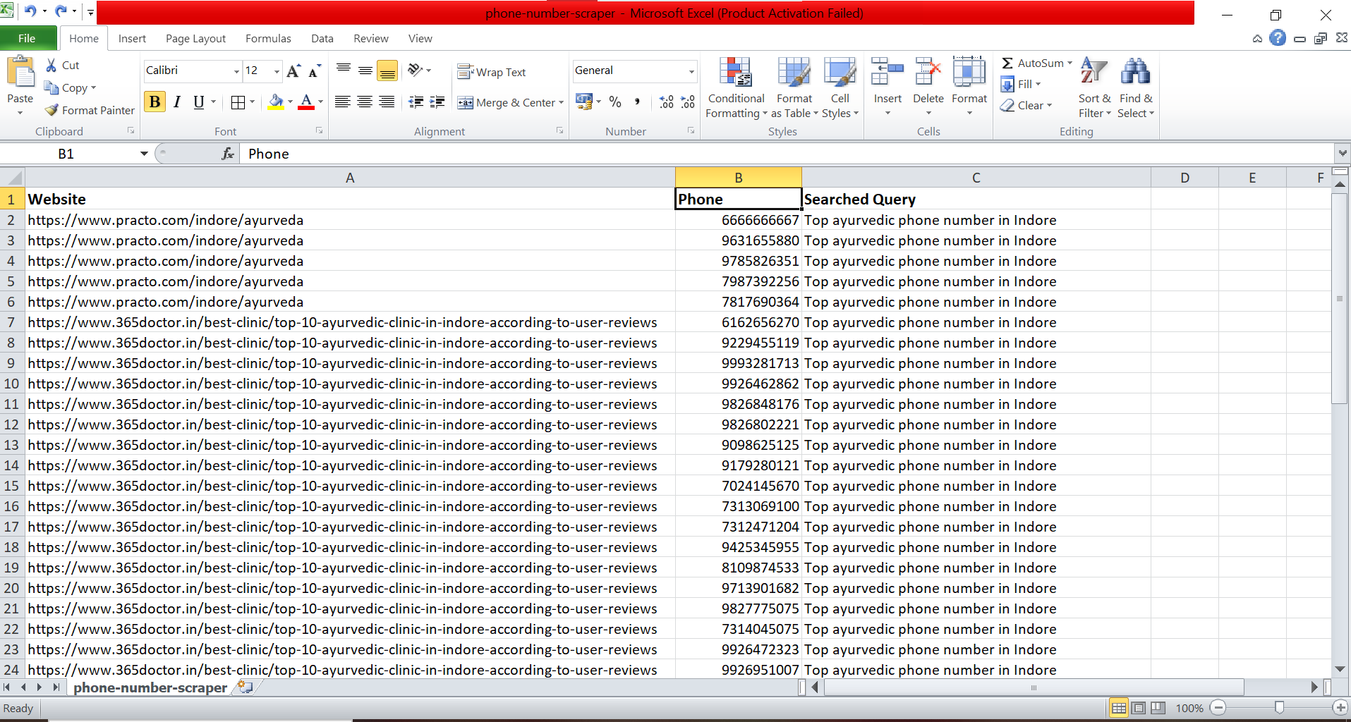 Phone Number Scraper Result